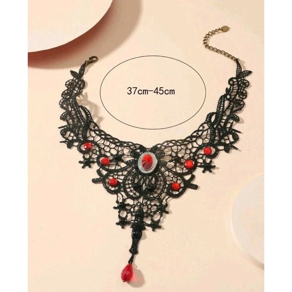 Faux Ruby Decor Statement Choker Elegant Jewelry Lace Jewelry Lace Necklace